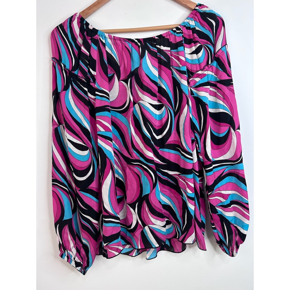 Michael Kors Silk Peasant Blouse Pink Blue Psychedelic Swirl Off Shoulder Small - Picture 2 of 8
